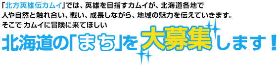 「北方英雄伝カムイ」では、英雄を目指すカムイが、北海道各地で人や自然と触れ合い、戦い、成長しながら、地域の魅力を伝えていきます。そこでカムイに冒険に来てほしい北海道の「まち」を大募集します！